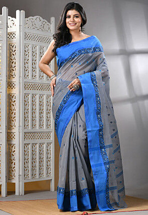 Handloom Pure Cotton Tant Saree in Grey