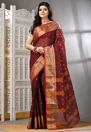Handloom Pure Cotton Tant  Saree in Maroon