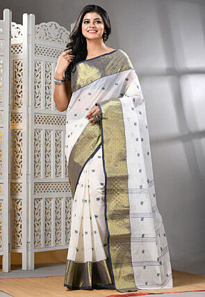 Handloom Pure Cotton Tant Saree in Off White