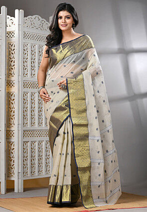 Handloom Pure Cotton Tant Saree in Off White