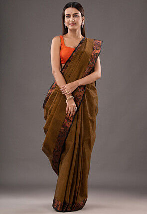 Handloom Pure Cotton Tant Saree in Olive Green