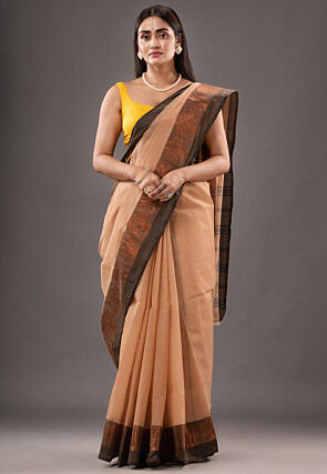 Handloom Pure Cotton Tant Saree in Peach