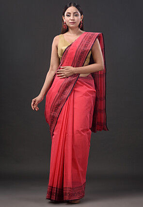 Handloom Pure Cotton Tant Saree in Peach