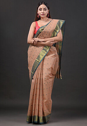 Handloom Pure Cotton Tant Saree in Peach