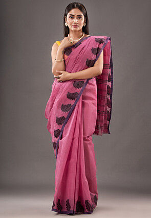 Handloom Pure Cotton Tant Saree in Pink