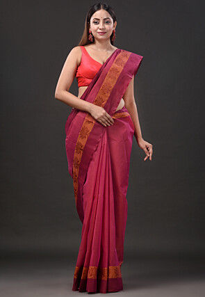 Handloom Pure Cotton Tant Saree in Pink
