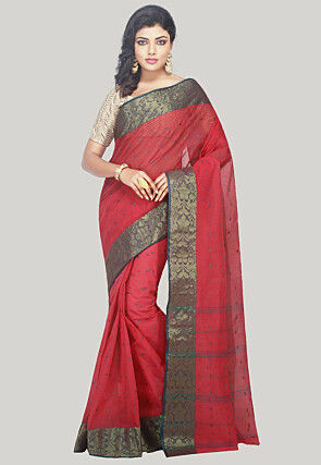 Handloom Pure Cotton Tant Saree in Red