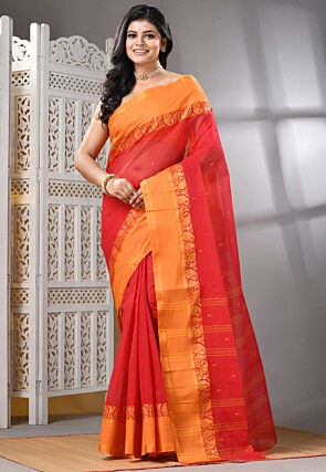 Handloom Pure Cotton Tant Saree in Red