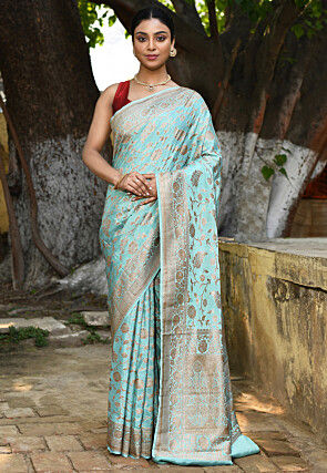 Handloom Pure Crepe Silk Banarasi Saree in Light Blue