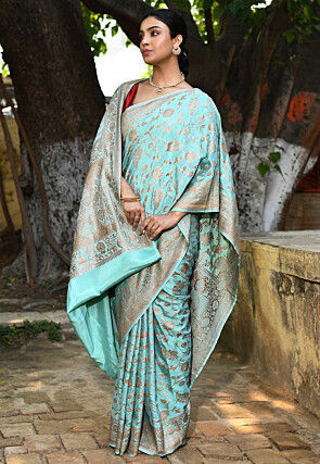 Handloom Pure Crepe Silk Banarasi Saree in Light Blue