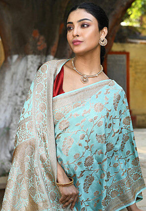 Handloom Pure Crepe Silk Banarasi Saree in Light Blue