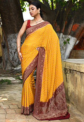 Handloom Pure Crepe Silk Banarasi Saree in Mustard