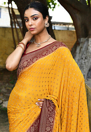 Handloom Pure Crepe Silk Banarasi Saree in Mustard