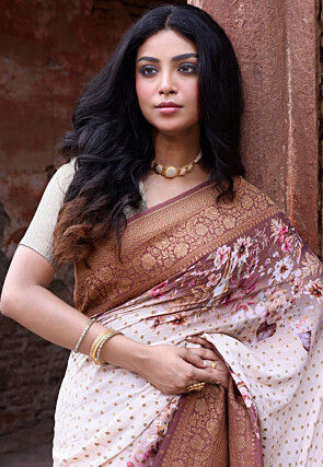 Handloom Pure Crepe Silk Banarasi Saree in Off White