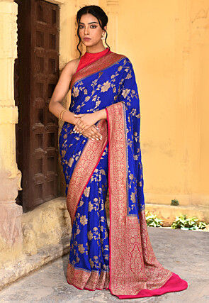 Handloom Pure Crepe Silk Banarasi Saree in Royal Blue