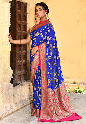 Handloom Pure Crepe Silk Banarasi Saree in Royal Blue
