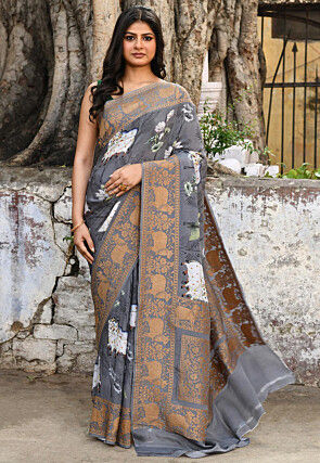Handloom Pure Crepe Silk Banarasi Saree in Grey