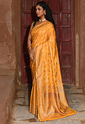 Handloom Pure Crepe Silk Banarasi Saree in Mustard