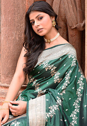 Handloom Pure Katan Silk Banarasi Saree in Dark Green