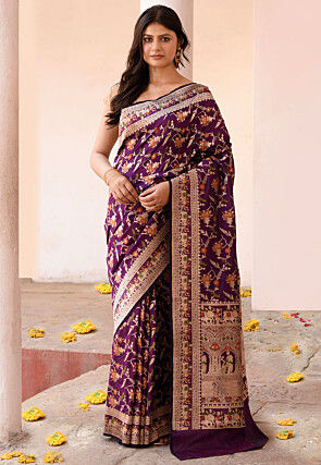 Handloom Pure Katan Silk Banarasi Saree in Violet