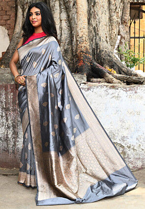 Handloom Pure Katan Silk Banarasi Saree in Grey