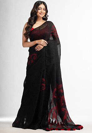 Handloom Pure Linen Jamdani Saree in Black