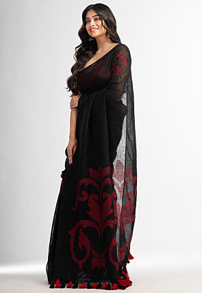 Handloom Pure Linen Jamdani Saree in Black