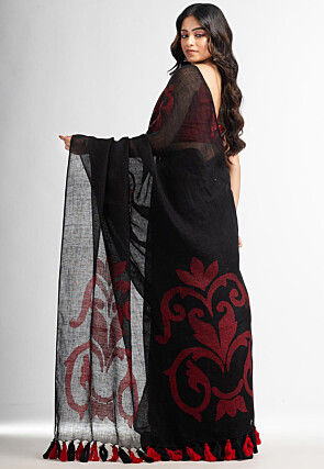 Handloom Pure Linen Jamdani Saree in Black