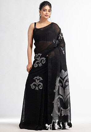 Handloom Pure Linen Jamdani Saree in Black