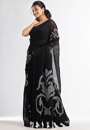 Handloom Pure Linen Jamdani Saree in Black