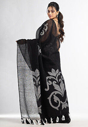 Handloom Pure Linen Jamdani Saree in Black