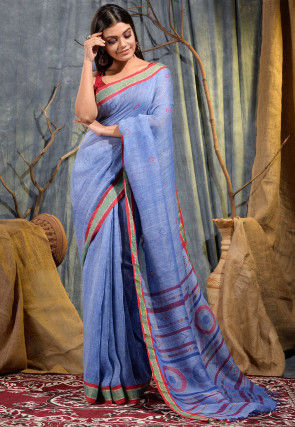 Handloom Pure Linen Jamdani Saree in Blue