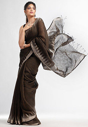 Handloom Pure Linen Jamdani Saree in Dark Brown