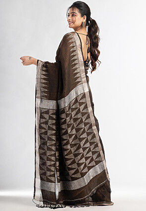Handloom Pure Linen Jamdani Saree in Dark Brown