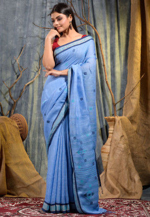 Handloom Pure Linen Jamdani Saree in Light Blue