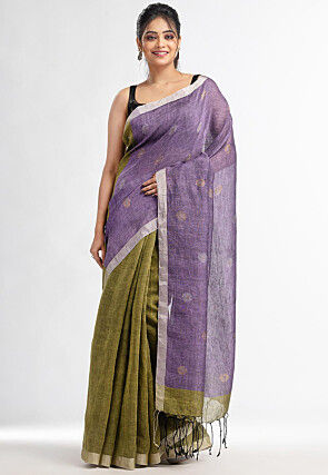 Handloom Pure Linen Jamdani Saree in Light Purple and Olive Green