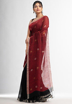 Handloom Pure Linen Jamdani Saree in Maroon and Black