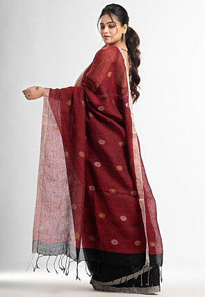 Handloom Pure Linen Jamdani Saree in Maroon and Black