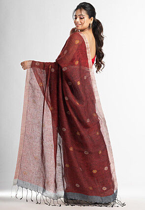 Handloom Pure Linen Jamdani Saree in Maroon and Grey