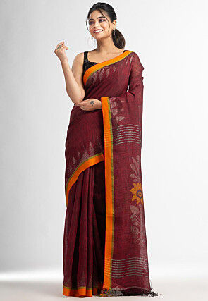 Handloom Pure Linen Jamdani Saree in Maroon