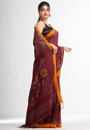 Handloom Pure Linen Jamdani Saree in Maroon