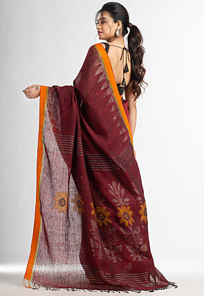 Handloom Pure Linen Jamdani Saree in Maroon