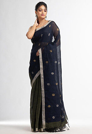 Handloom Pure Linen Jamdani Saree in Navy Blue and Olive Green