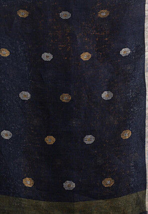 Handloom Pure Linen Jamdani Saree in Navy Blue and Olive Green