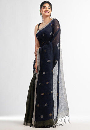 Handloom Pure Linen Jamdani Saree in Navy Blue and Olive Green