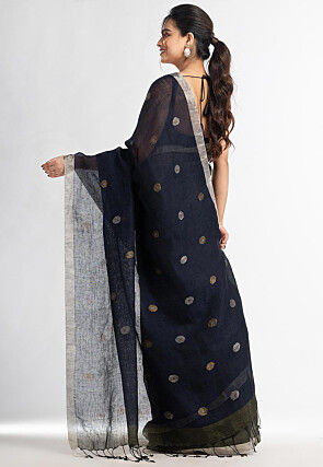 Handloom Pure Linen Jamdani Saree in Navy Blue and Olive Green