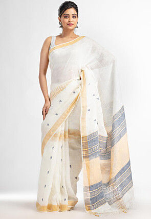 Handloom Pure Linen Jamdani Saree in Off White