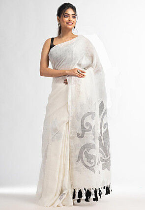 Handloom Pure Linen Jamdani Saree in White