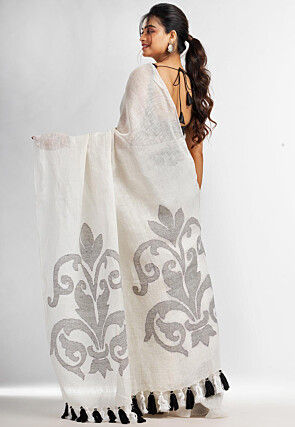 Handloom Pure Linen Jamdani Saree in White