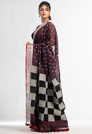 Handloom Pure Linen Jamdani Saree in Wine